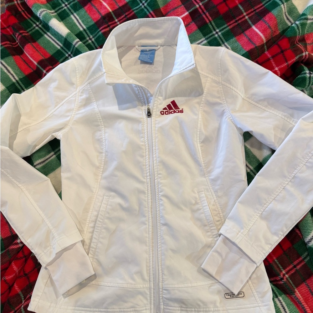 adidas White Varsity Jacket with Red Logo